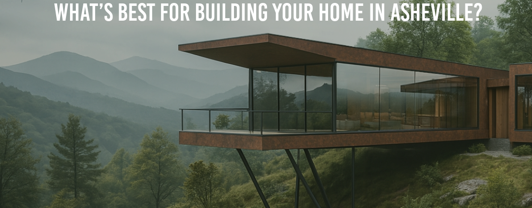 Modern glass and steel mountain home in Asheville, designed by Assembly Architecture + Build, perched on a lush hillside with panoramic Blue Ridge Mountain views.
