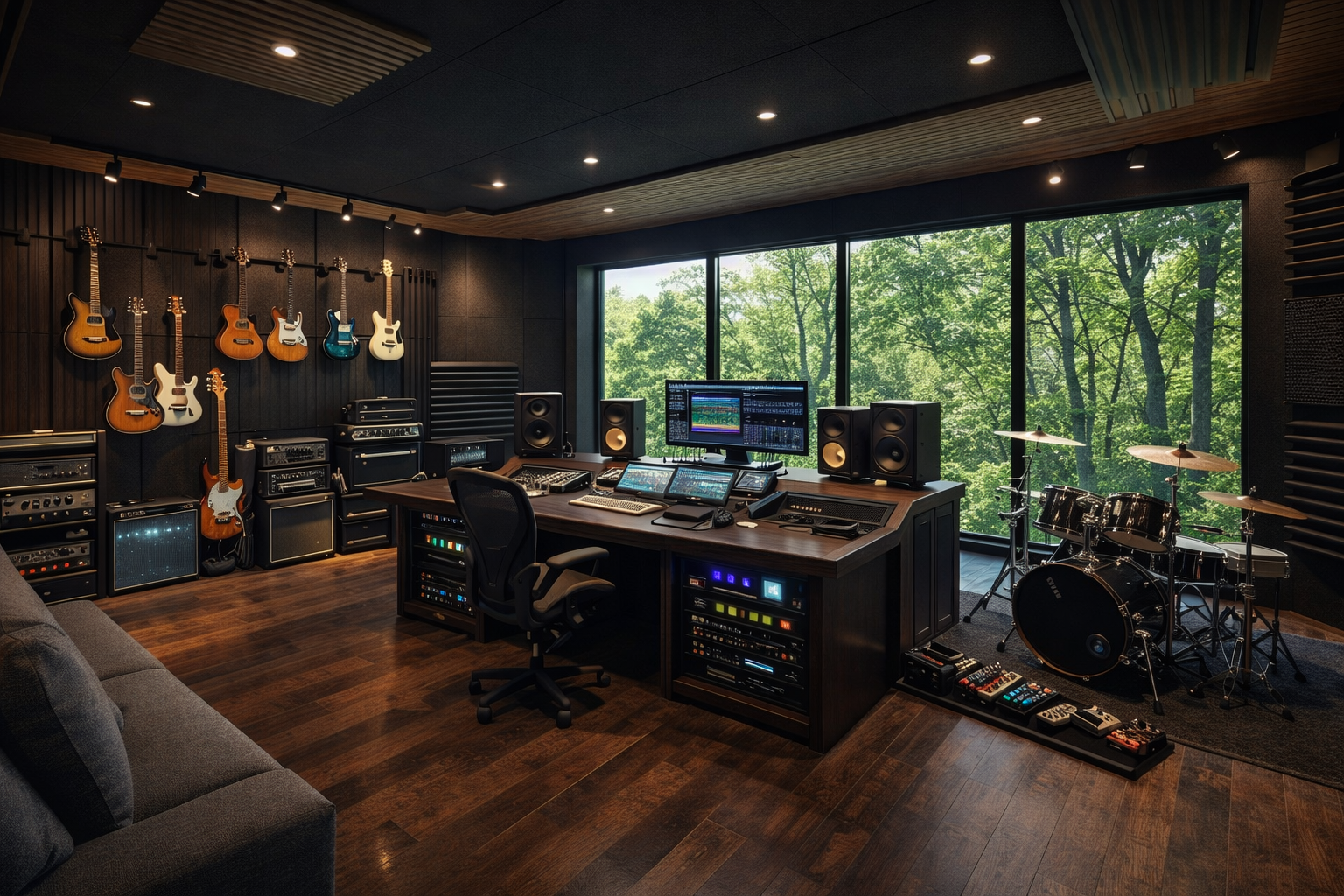This Asheville in home recording studio features Floor to ceiling windows